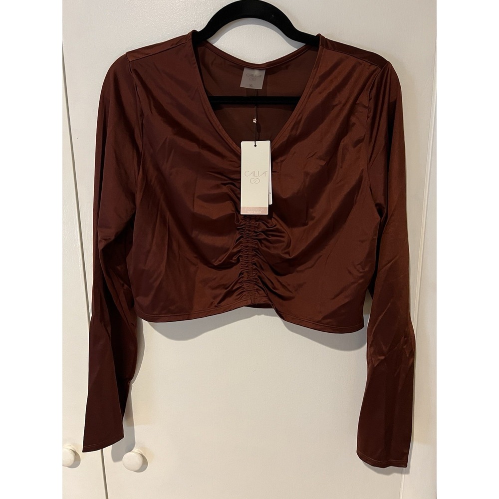 NWT Calia Rash Guard XL Long Sleeve Ruched Top Red Brown Womens Swim Shirt